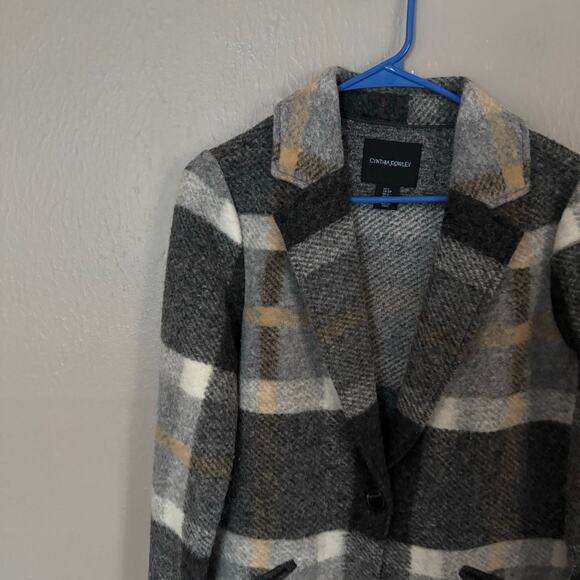 CYNTHIA ROWLEY Grey and Yellow Plaid Long Wool Blend Shirt Jacket Size Small - Picture 2 of 6